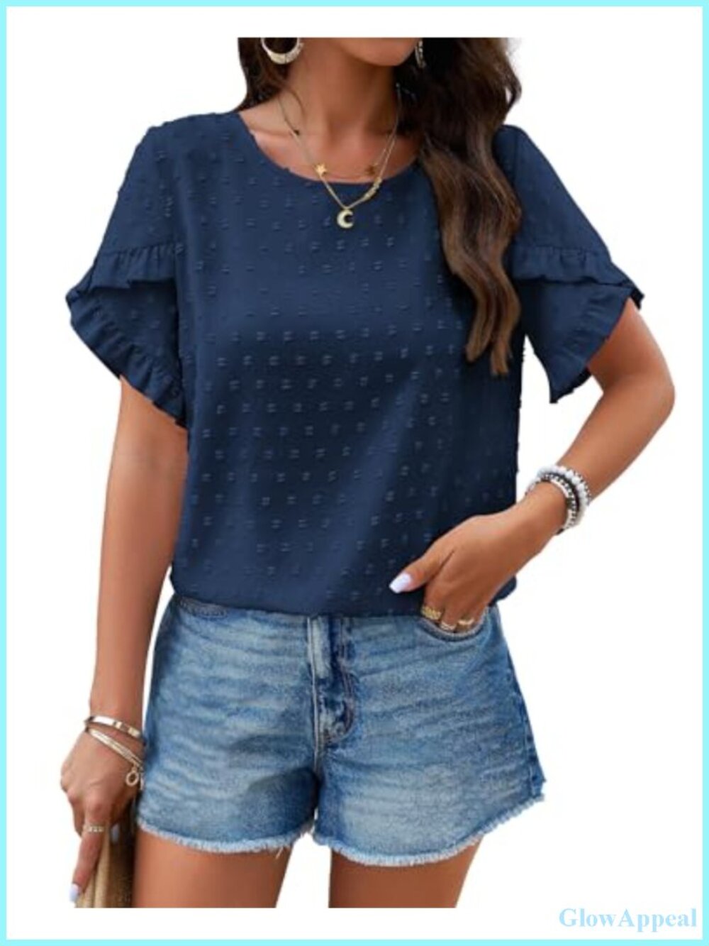 Women's Swiss Dot Ruffle Sleeve Tunic Top Crewneck Short Sleeve Boho Blouse